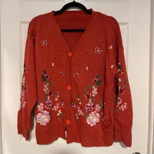 Literary Colorful Floral Knitted Ribbed Cardigan